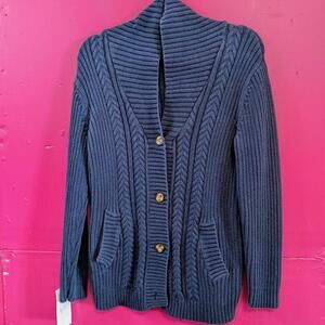 Blue 100% Cotton Cable Knit cardigan with button front and pockets. Size M